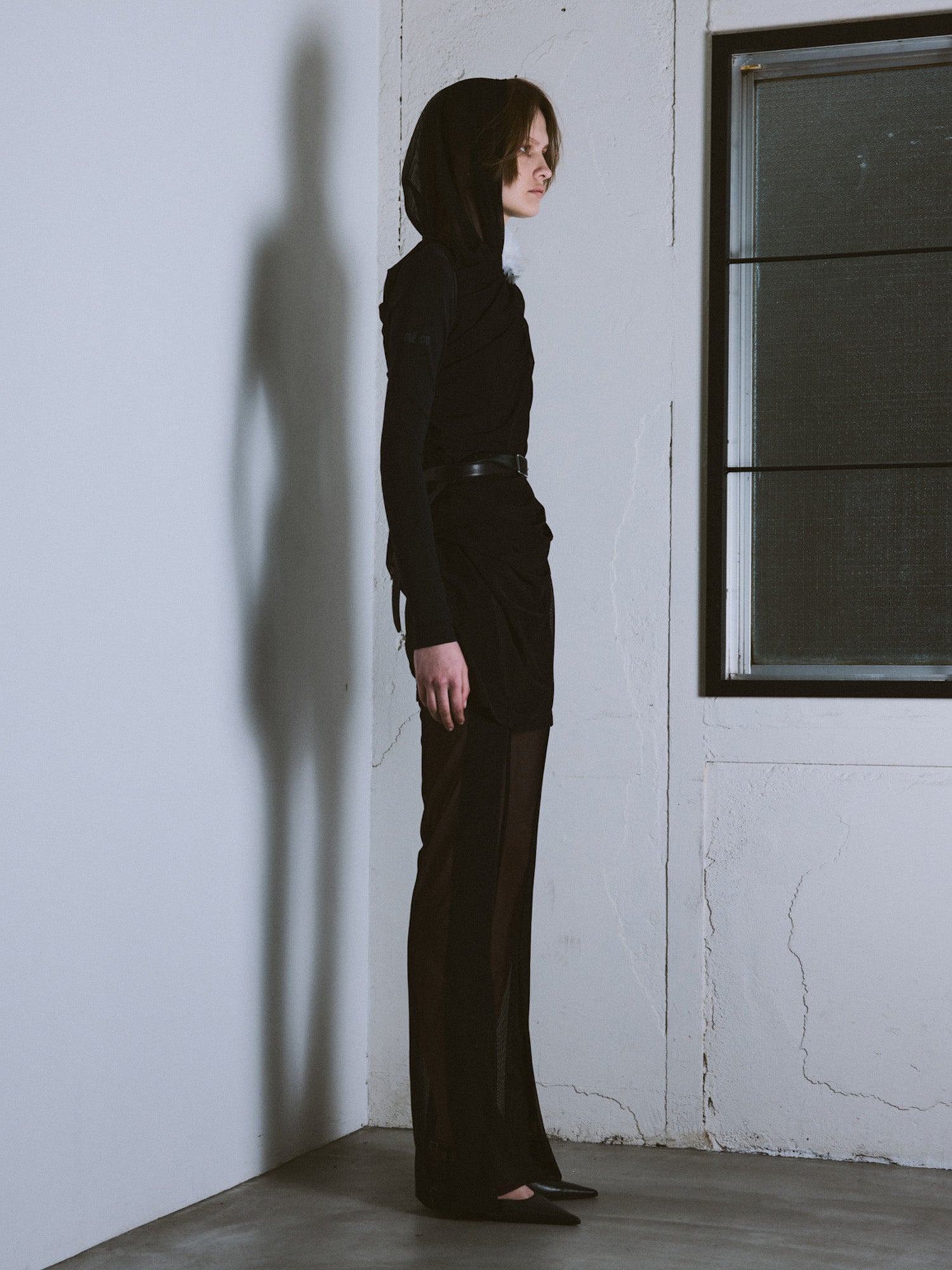 Sheer Drape Lifted Back Hooded Top / Black