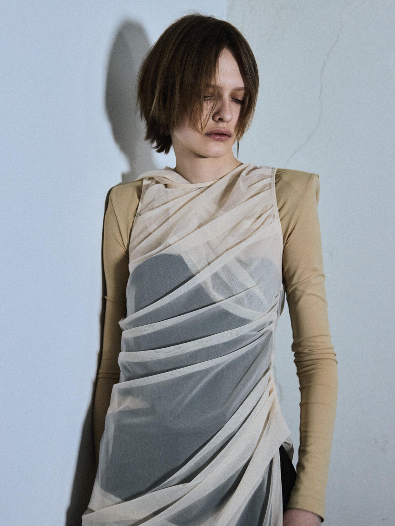 Sheer Drape Lifted Back Hooded Top / Light beige