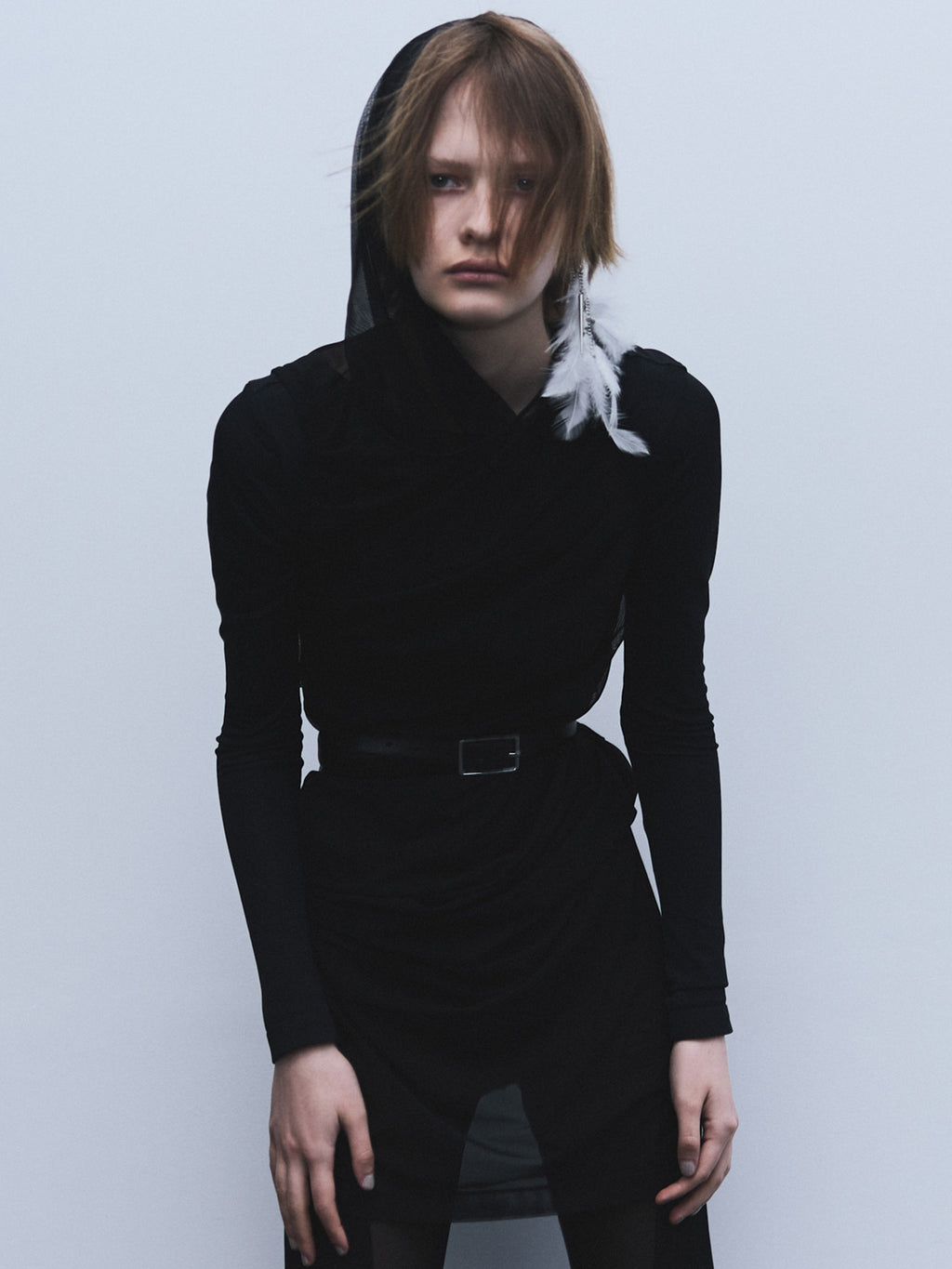 Sheer Drape Lifted Back Hooded Top / Black