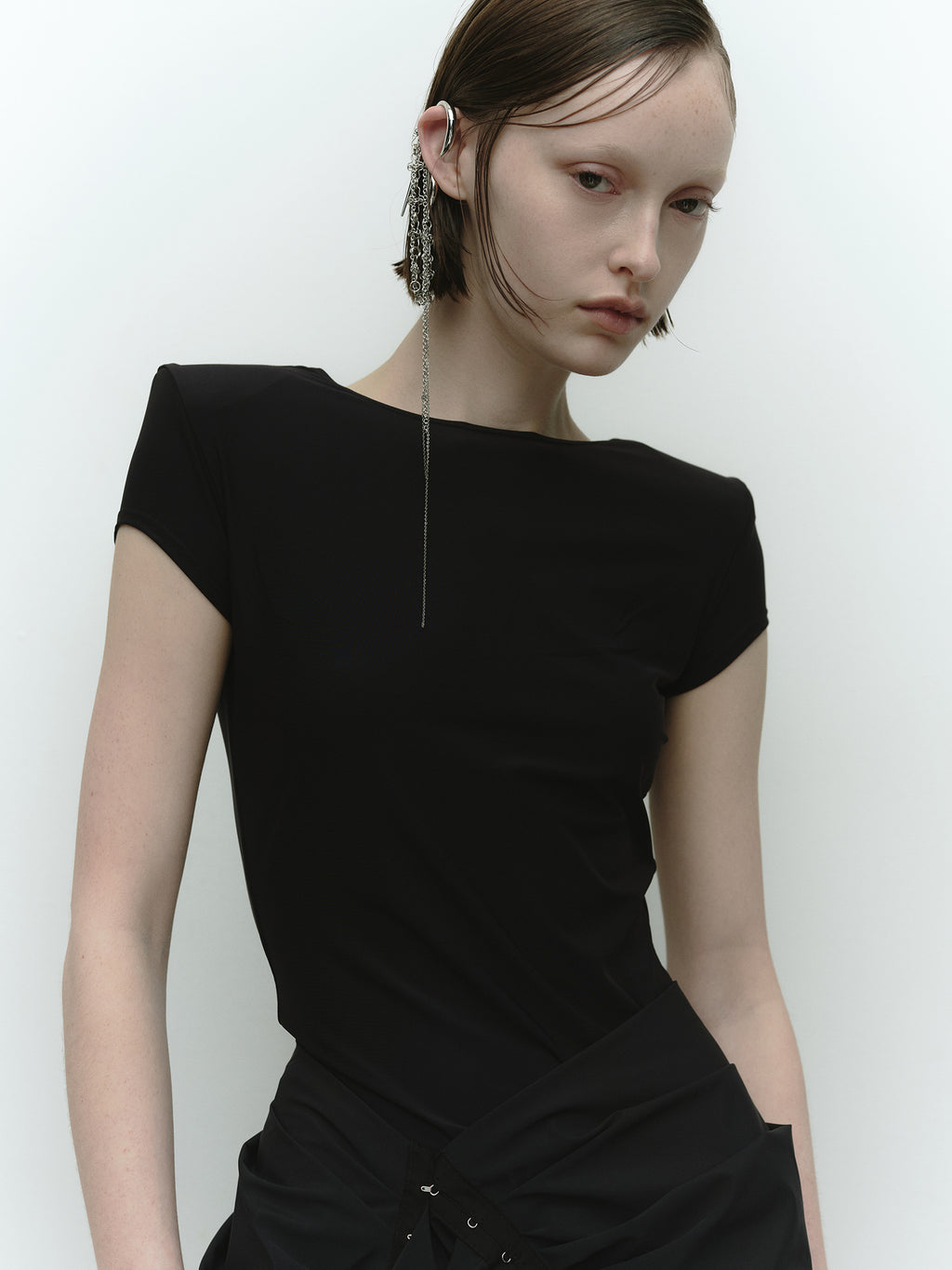 Shoulder Pad Mini Sleeve Top / Black