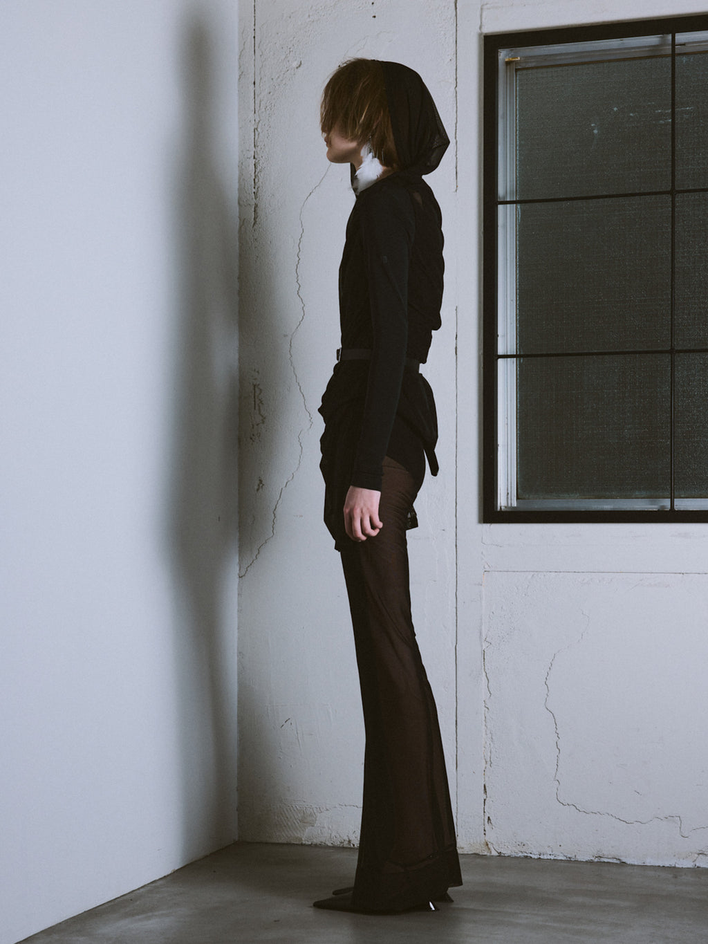 Sheer Drape Lifted Back Hooded Top / Black