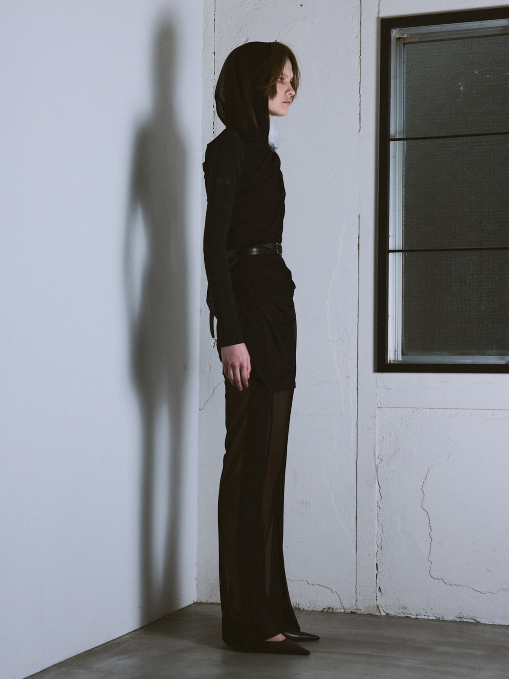 Sheer Drape Lifted Back Hooded Top / Black