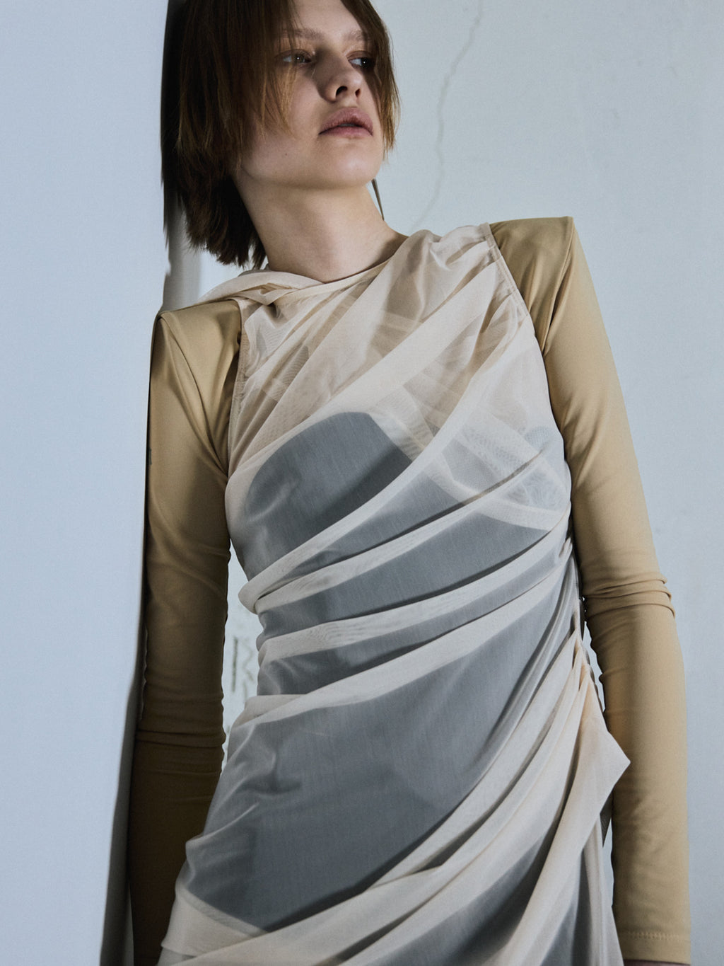 Sheer Drape Lifted Back Hooded Top / Light beige