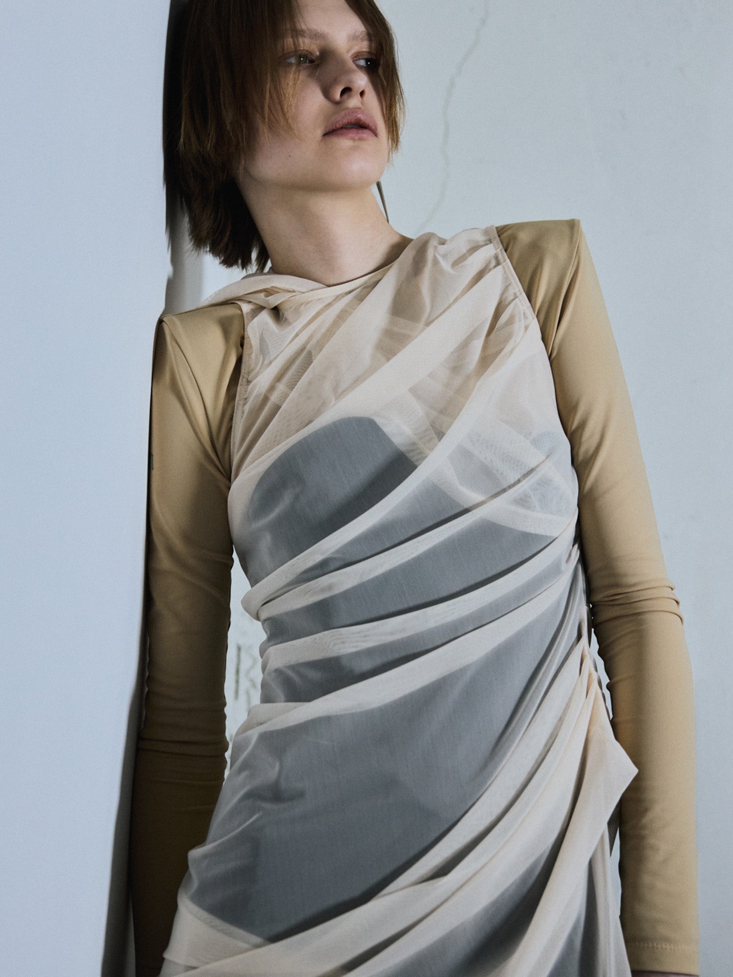 Sheer Drape Lifted Back Hooded Top / Light beige