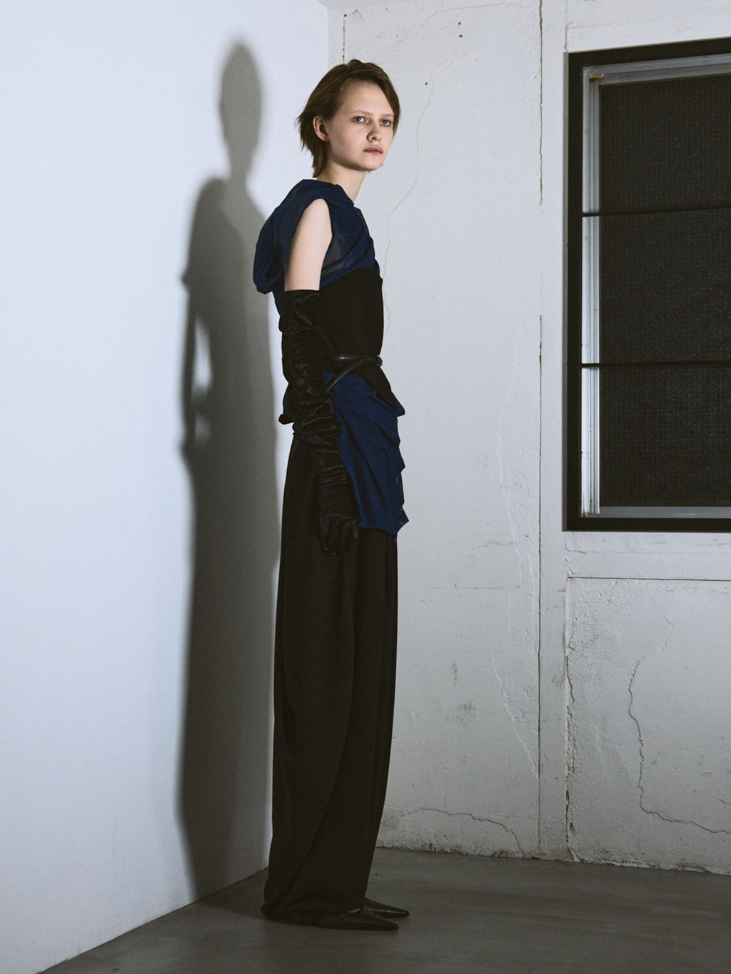 Sheer Drape Lifted Back Hooded Top / Navy